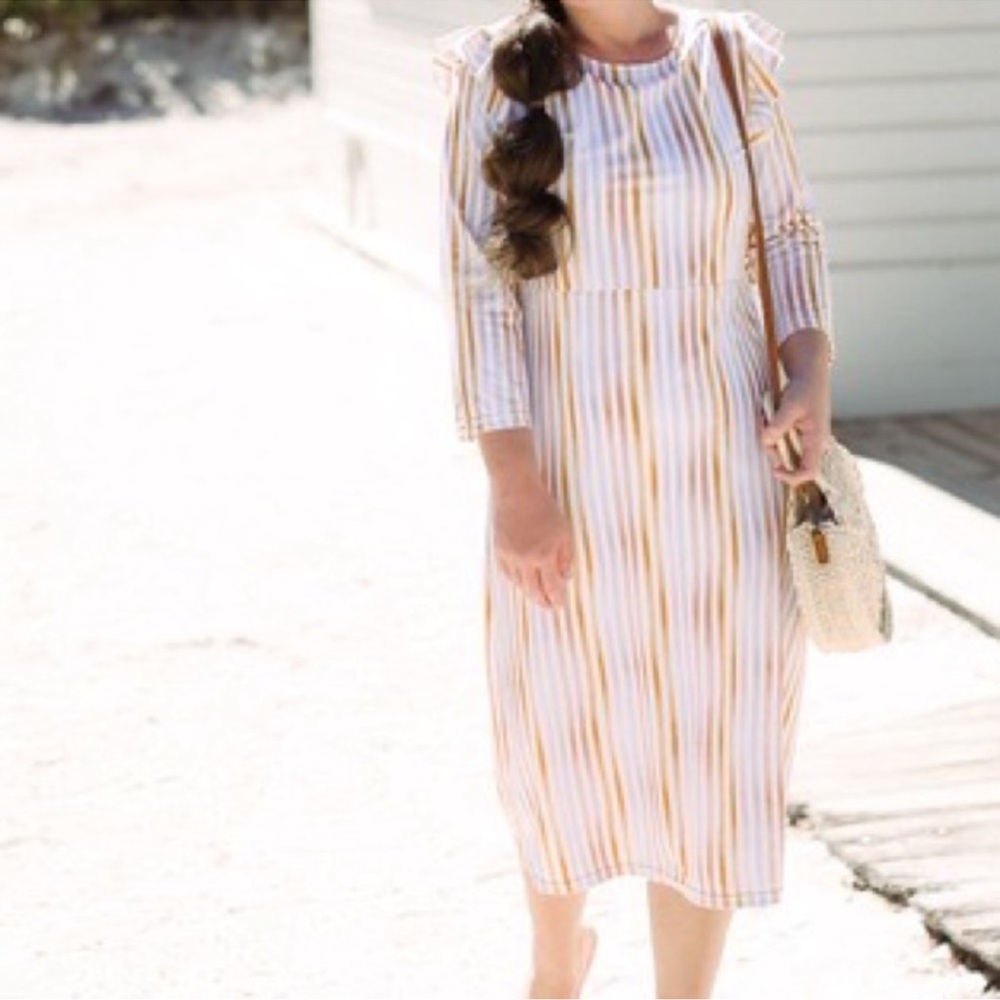 Striped Midi Dress with Ruffle Sleeves